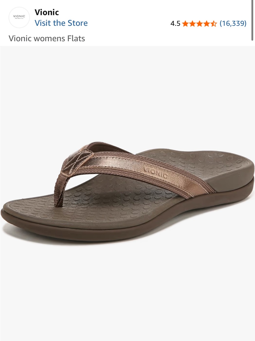 Vionic Bronze Metallic Thong Flip Flop